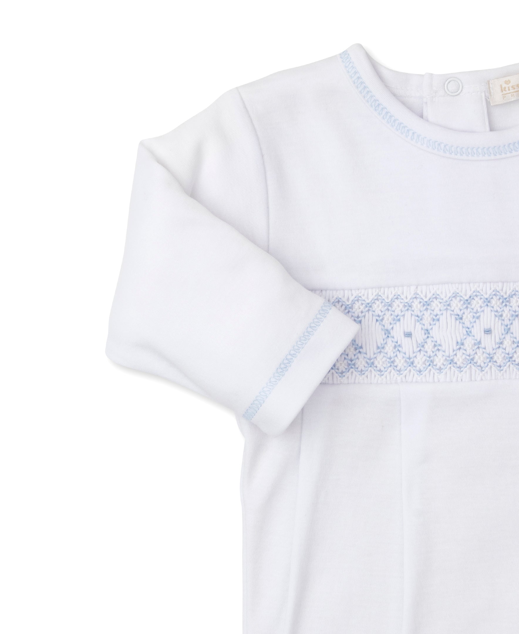 CLB Summer 24 White/Blue Hand Smocked Footie - Kissy Kissy