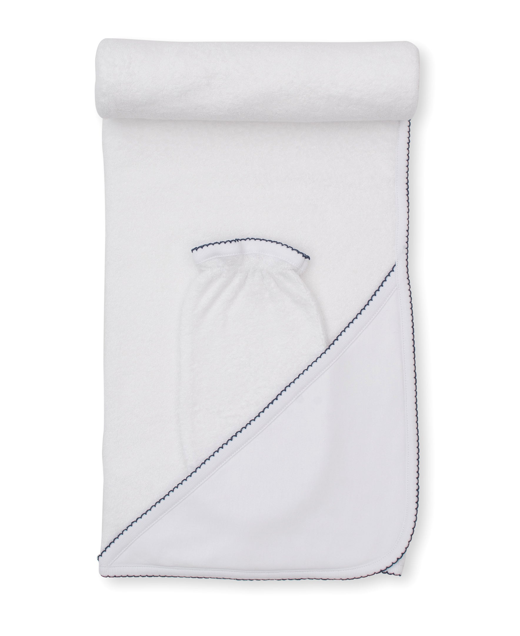 White/Navy Kissy Basics Hooded Towel & Mitt Set - Kissy Kissy