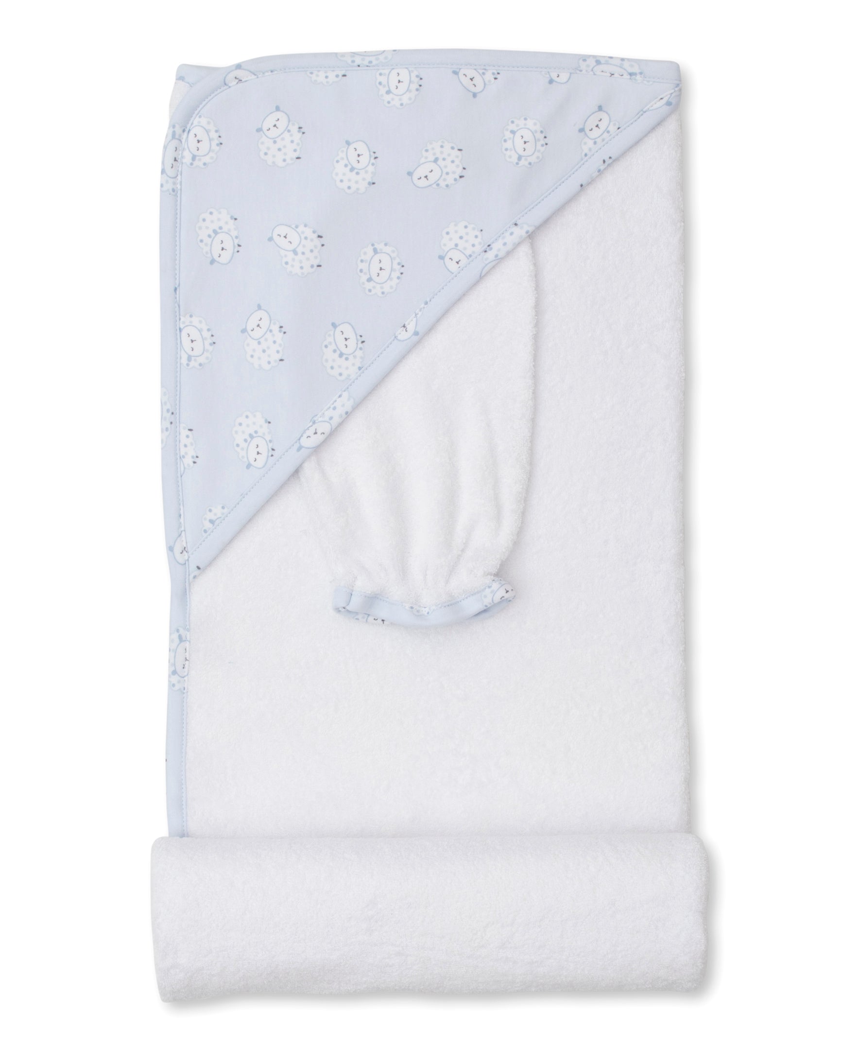 Fleecy Sheep Blue Hooded Towel & Mitt Set