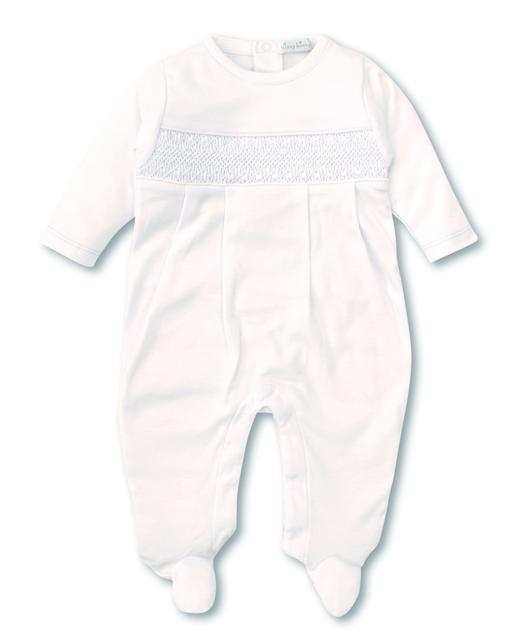 Hand Smocked CLB Charmed White/Blue Footie - Kissy Kissy