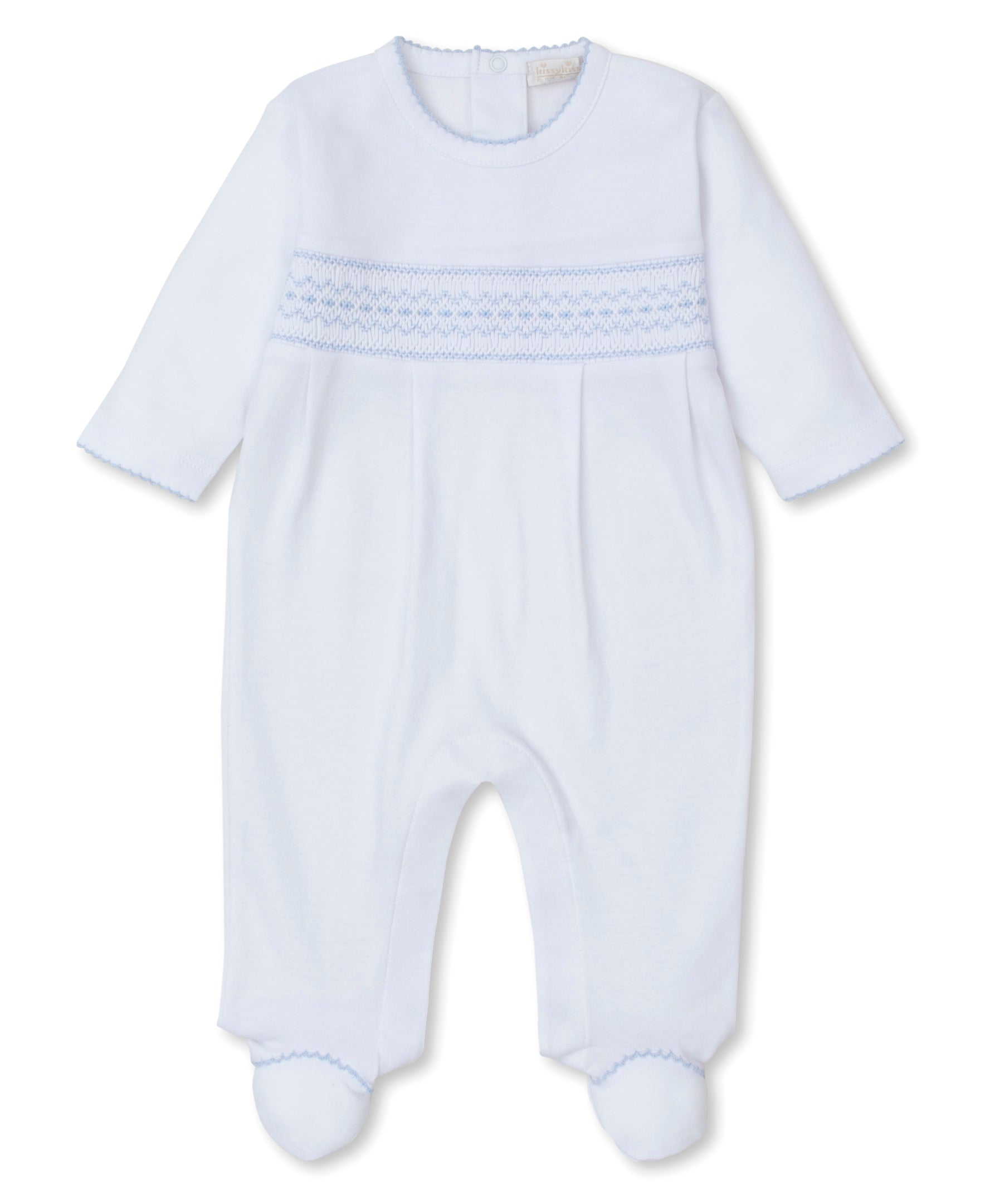 CLB Fall 24 White/Blue Hand Smocked Footie - Kissy Kissy