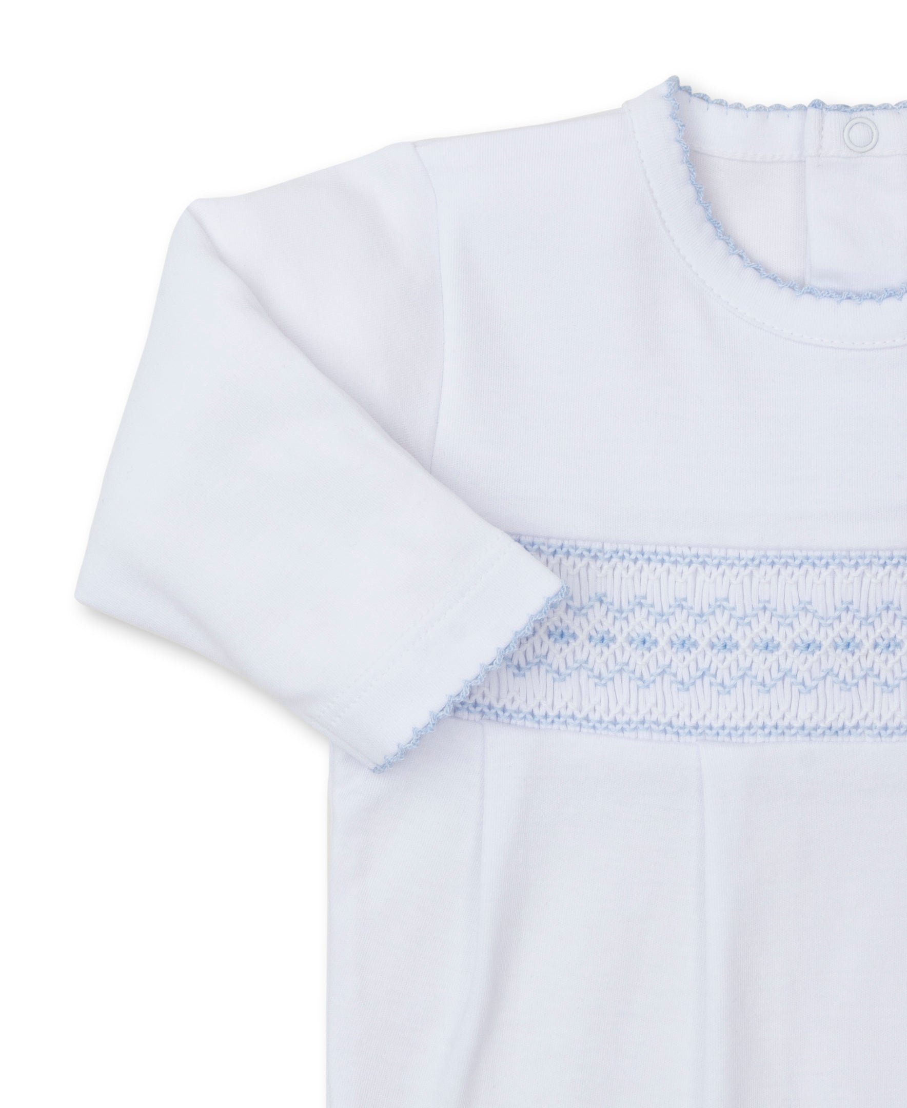 CLB Fall 24 White/Blue Hand Smocked Footie - Kissy Kissy