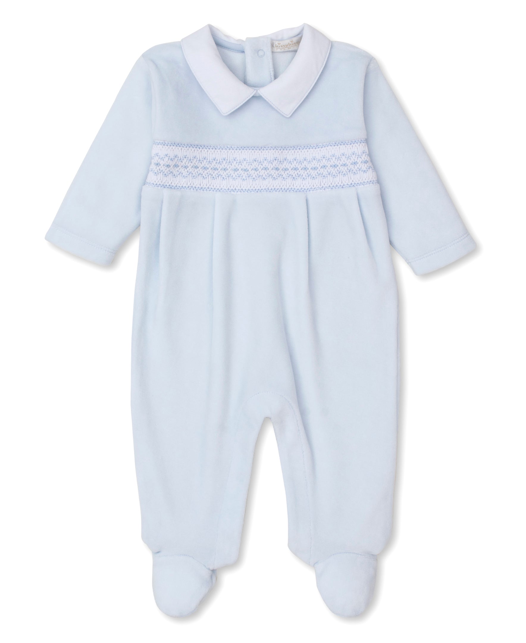 CLB Fall 24 Blue Hand Smocked Vel Footie w/ Collar