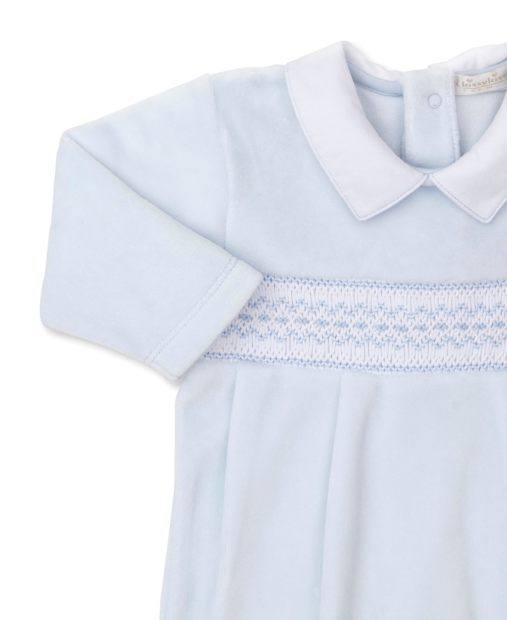 CLB Fall 24 Blue Hand Smocked Vel Footie w/ Collar