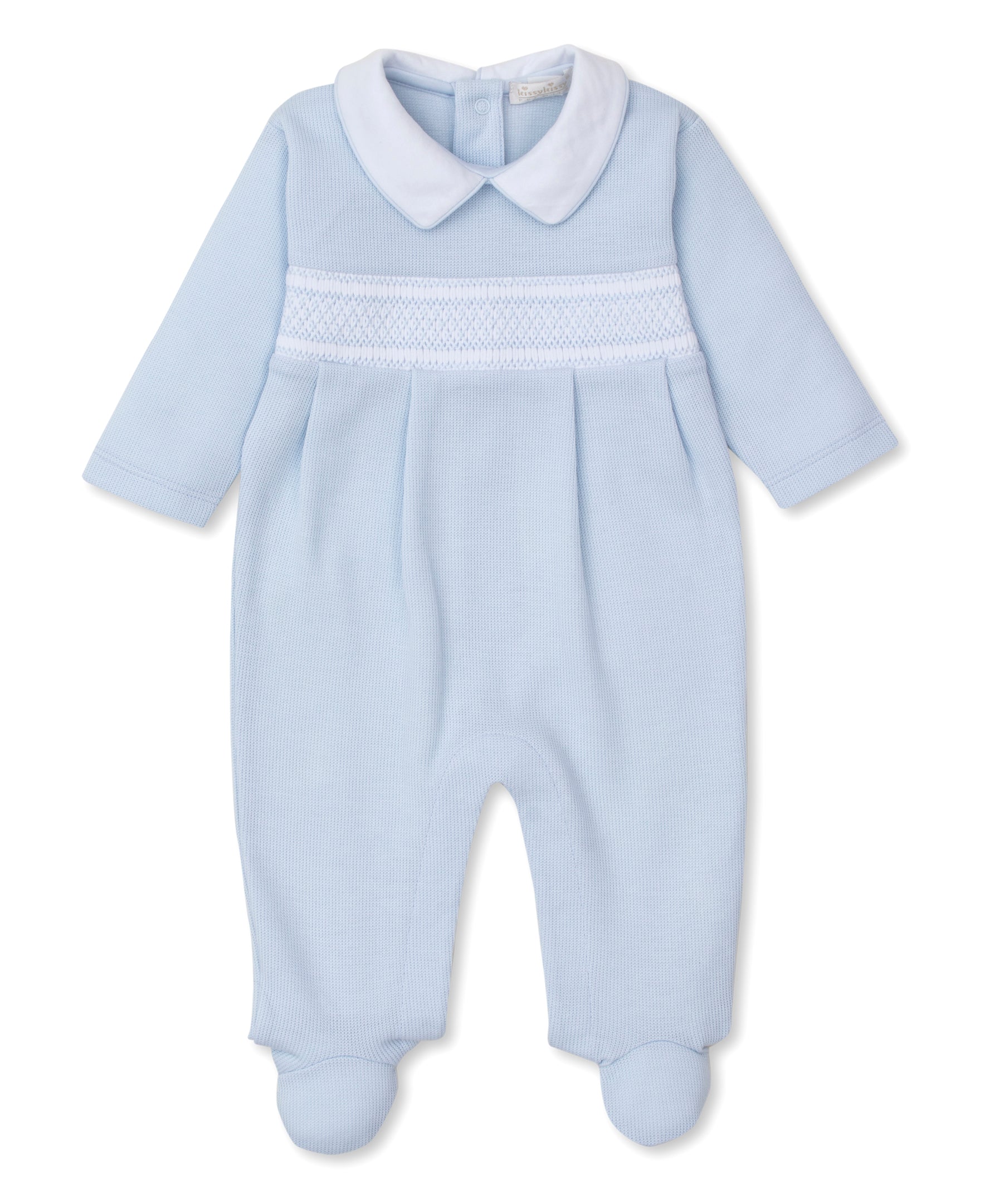 CLB Punto Ingles Blue Hand Smocked Collar Footie - Kissy Kissy