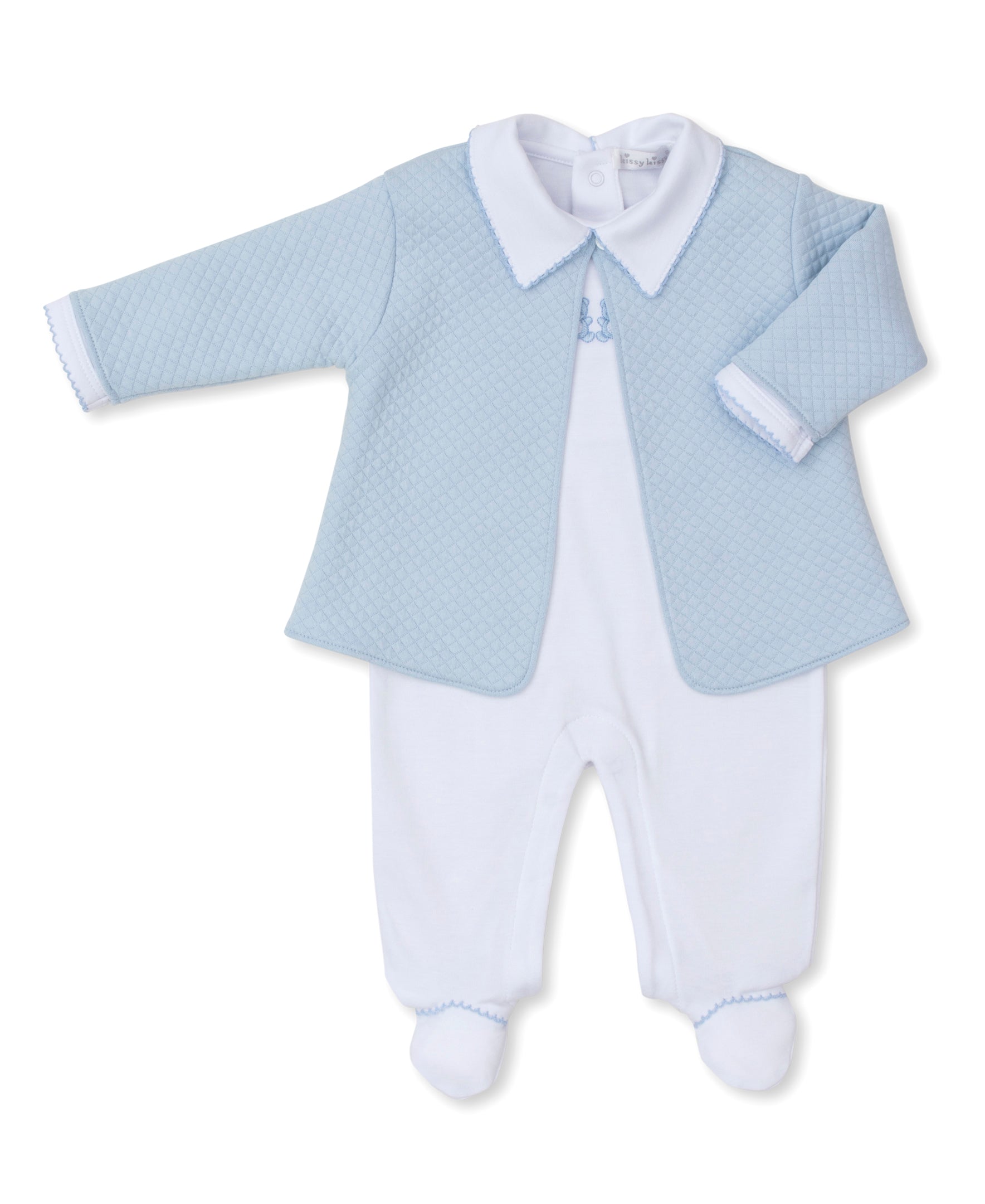 Baby Bear Cub White Footie & Blue Jacquard Jacket Set