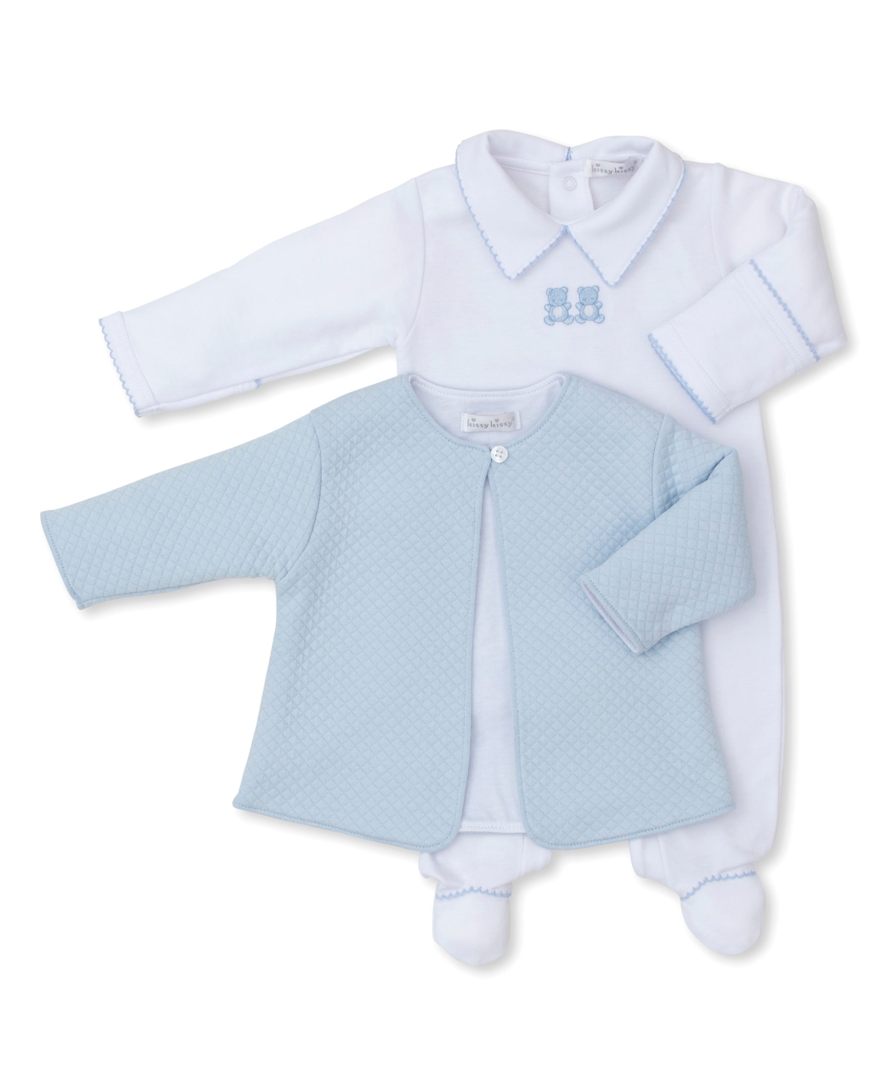 Baby Bear Cub White Footie & Blue Jacquard Jacket Set