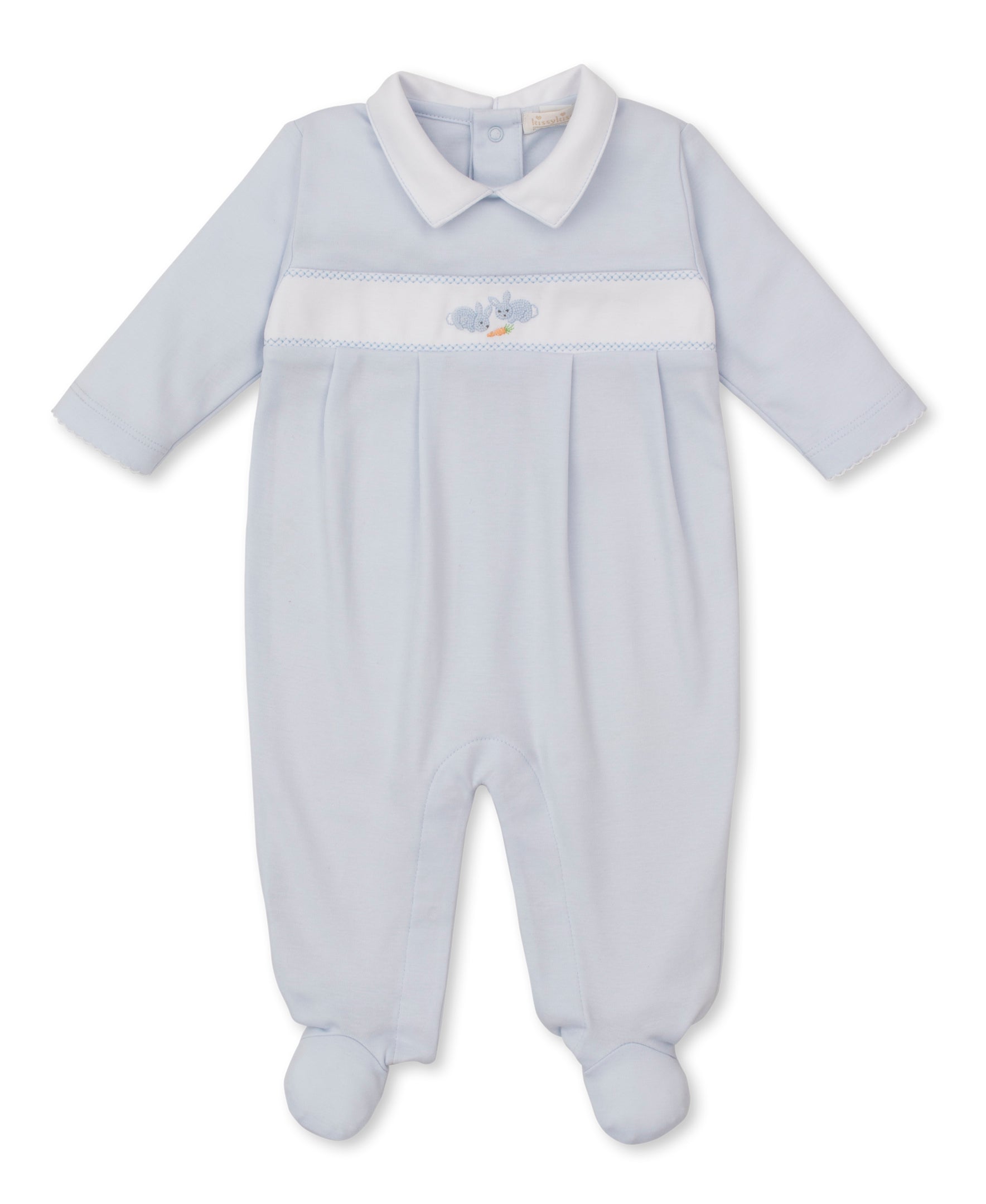 Premier Baby Bunny Patch Blue Hand Emb. Collar Footie - Kissy Kissy