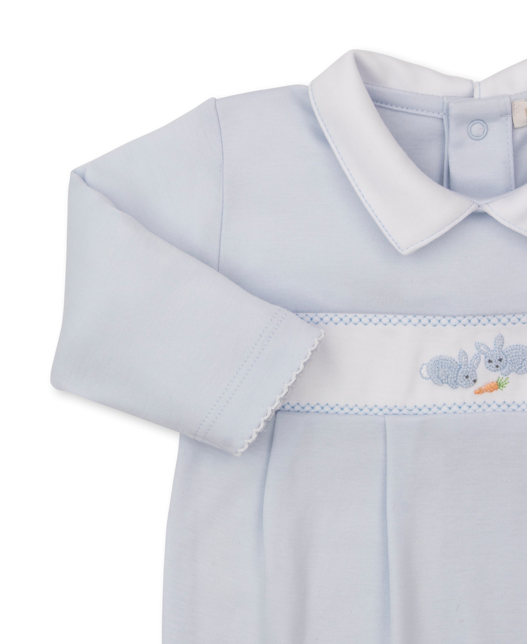 Premier Baby Bunny Patch Blue Hand Emb. Collar Footie - Kissy Kissy