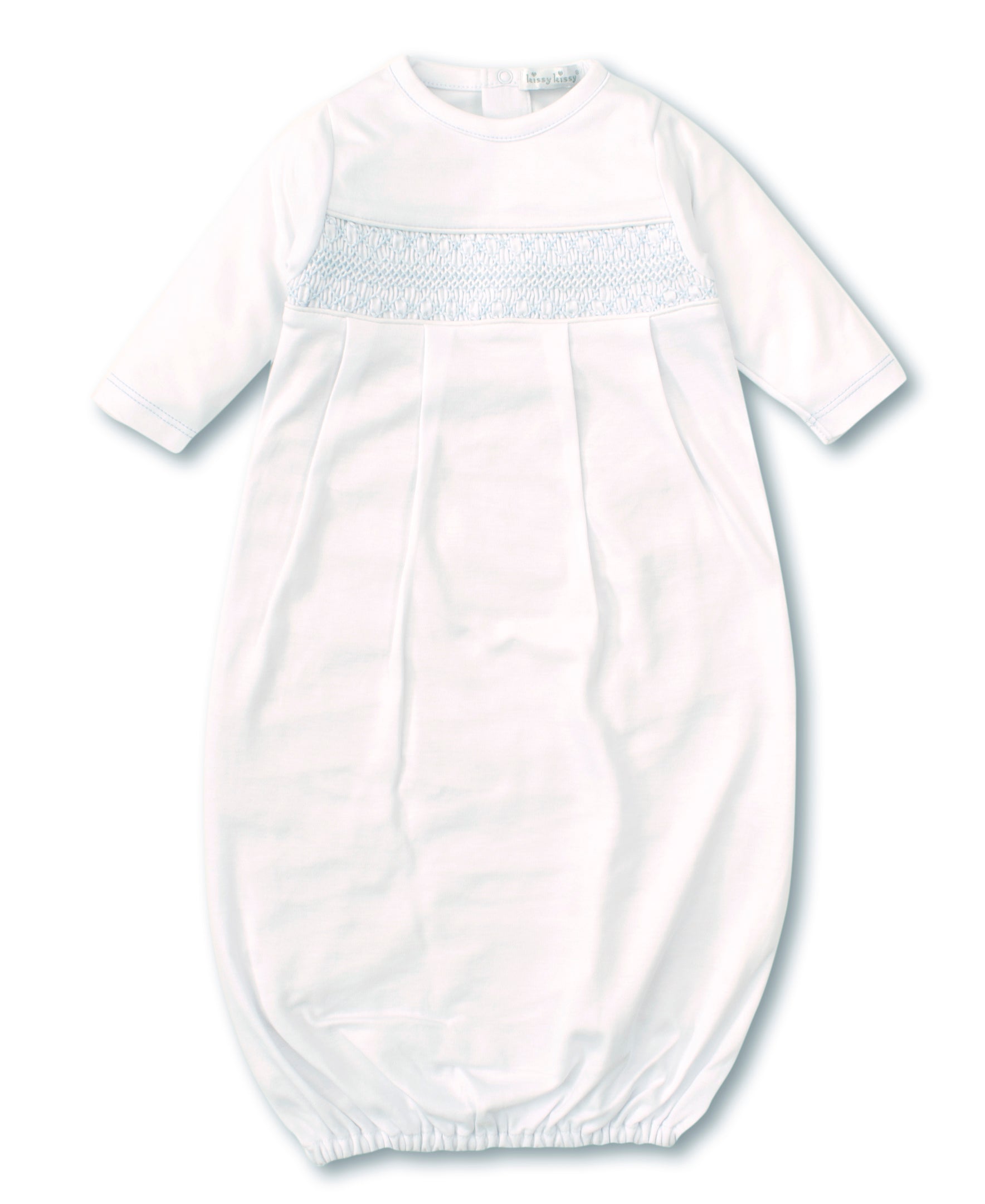 Hand Smocked CLB Charmed White/Blue Sack Gown - Kissy Kissy