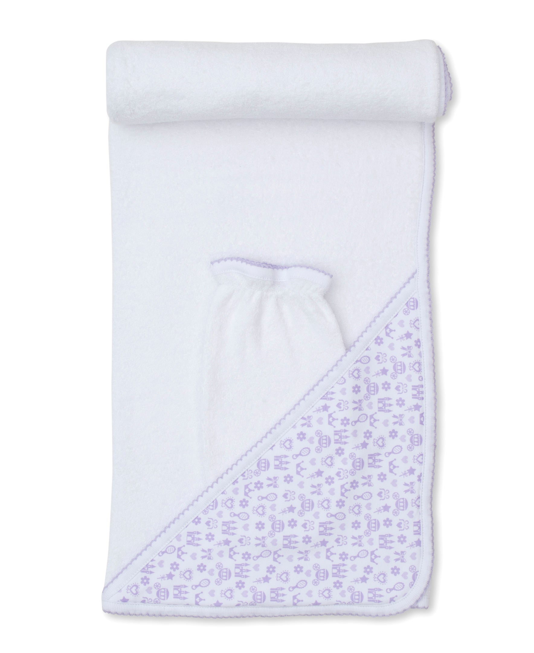 Royal Details White/Lilac Hooded Towel & Mitt Set - Kissy Kissy