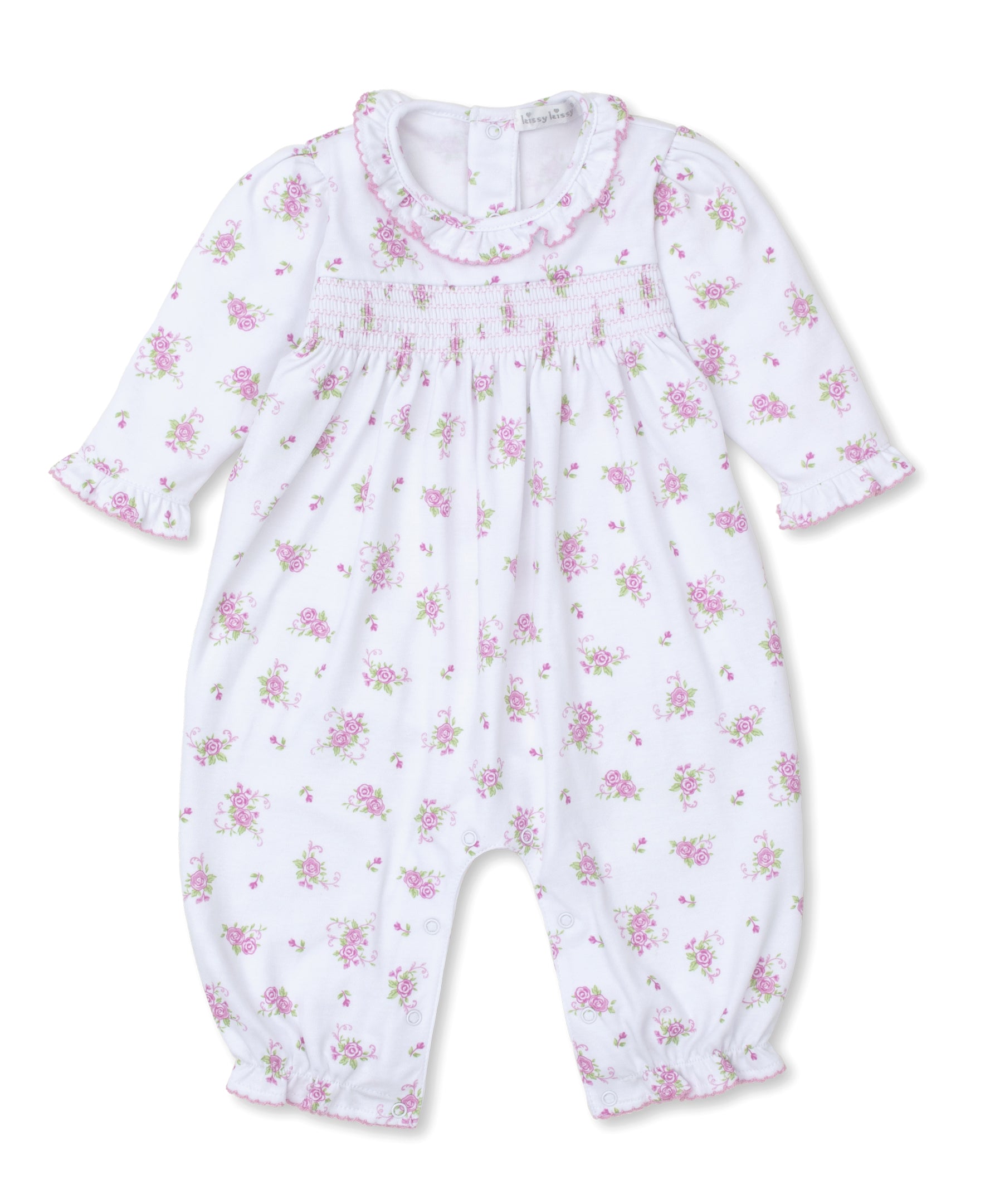 Pink Rose Scrolls White Smocked Playsuit - Kissy Kissy