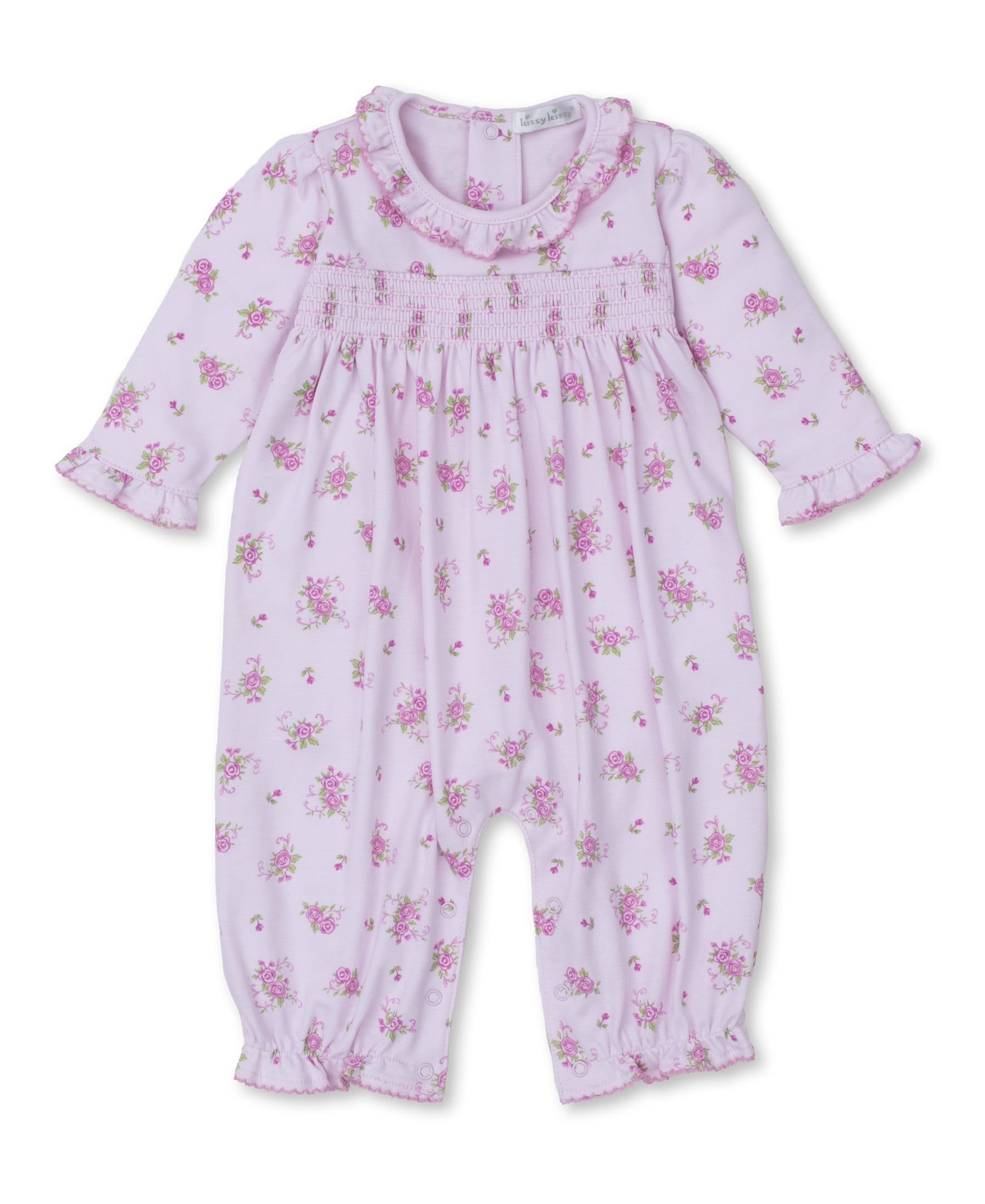 Pink Rose Scrolls Pink Smocked Playsuit - Kissy Kissy