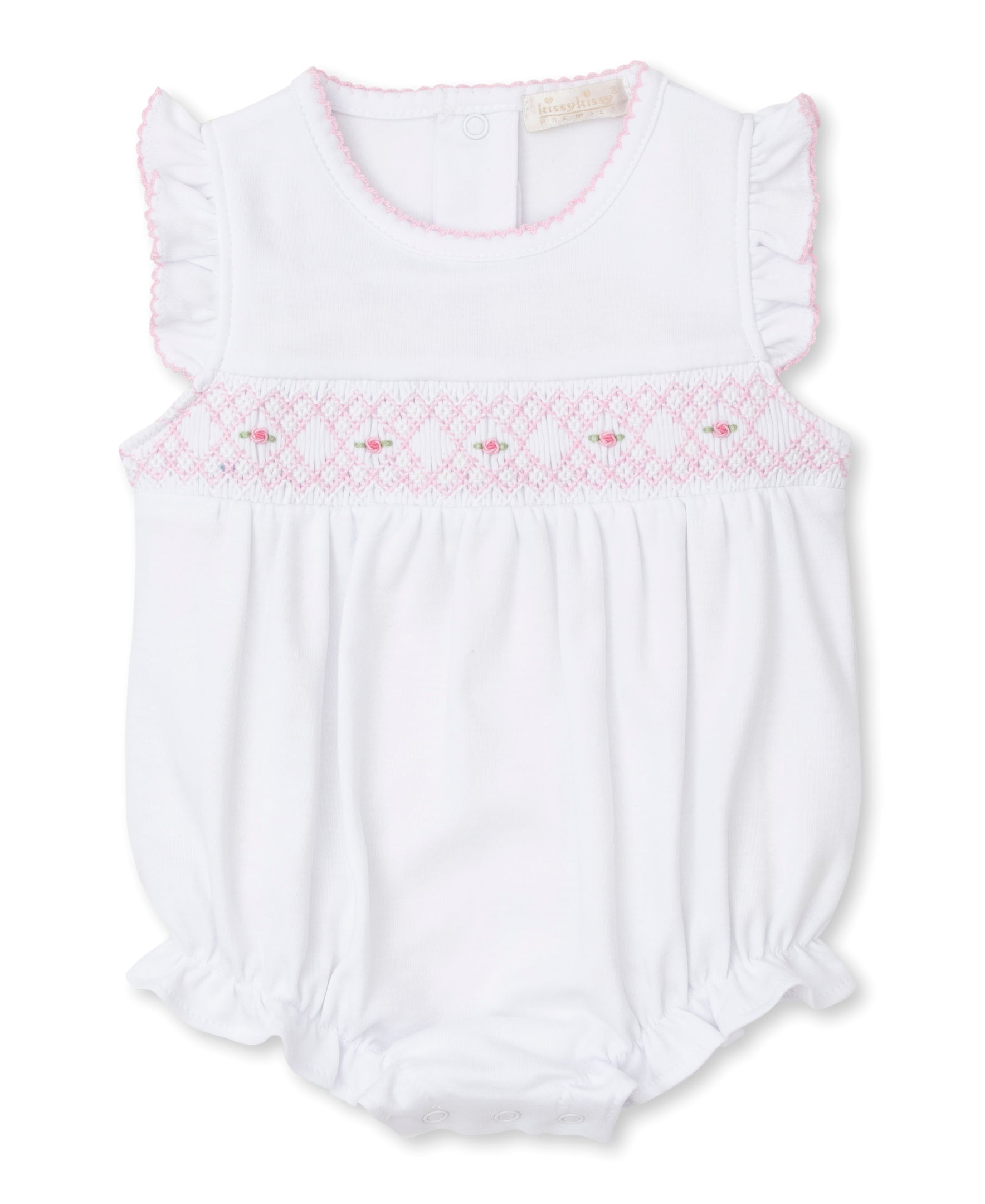 CLB Summer 24 White/Pink Hand Smocked Bubble - Kissy Kissy