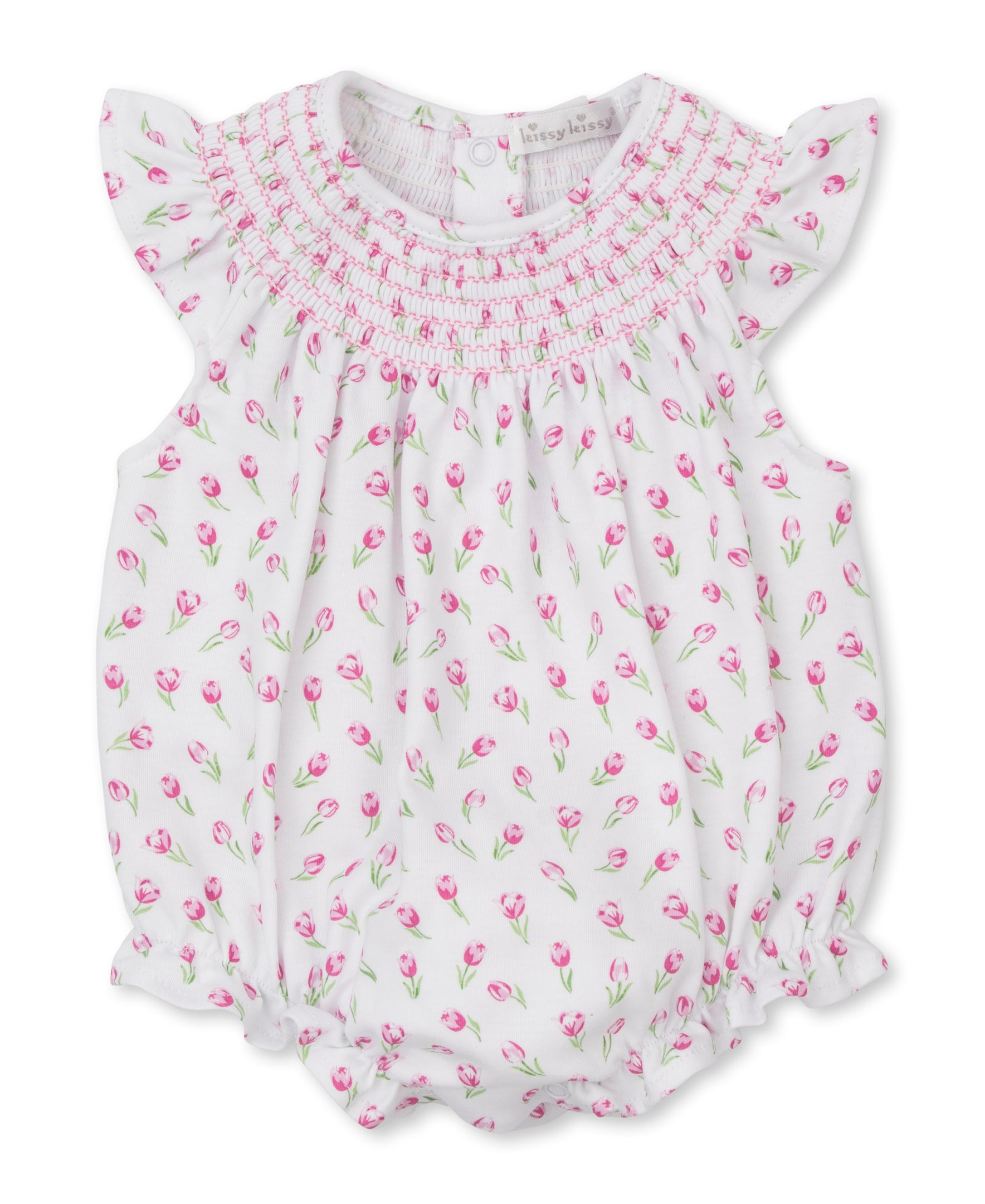 Tulip Blossoms White Smocked Bubble - Kissy Kissy