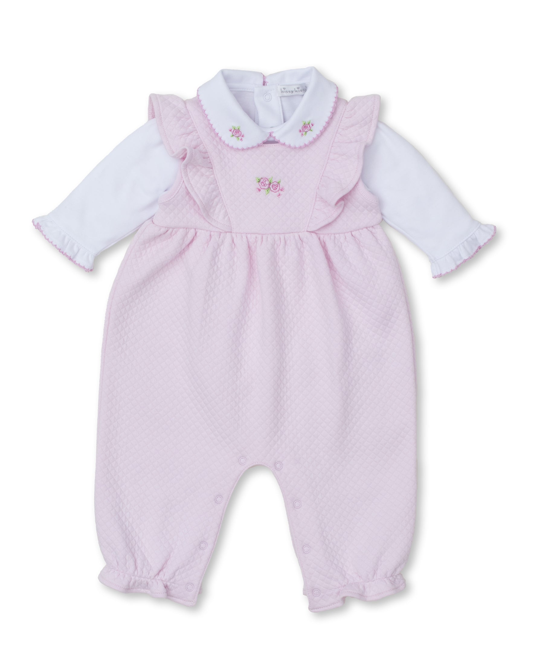 Pink Rose Scrolls Pink Jacquard Overall Set - Kissy Kissy