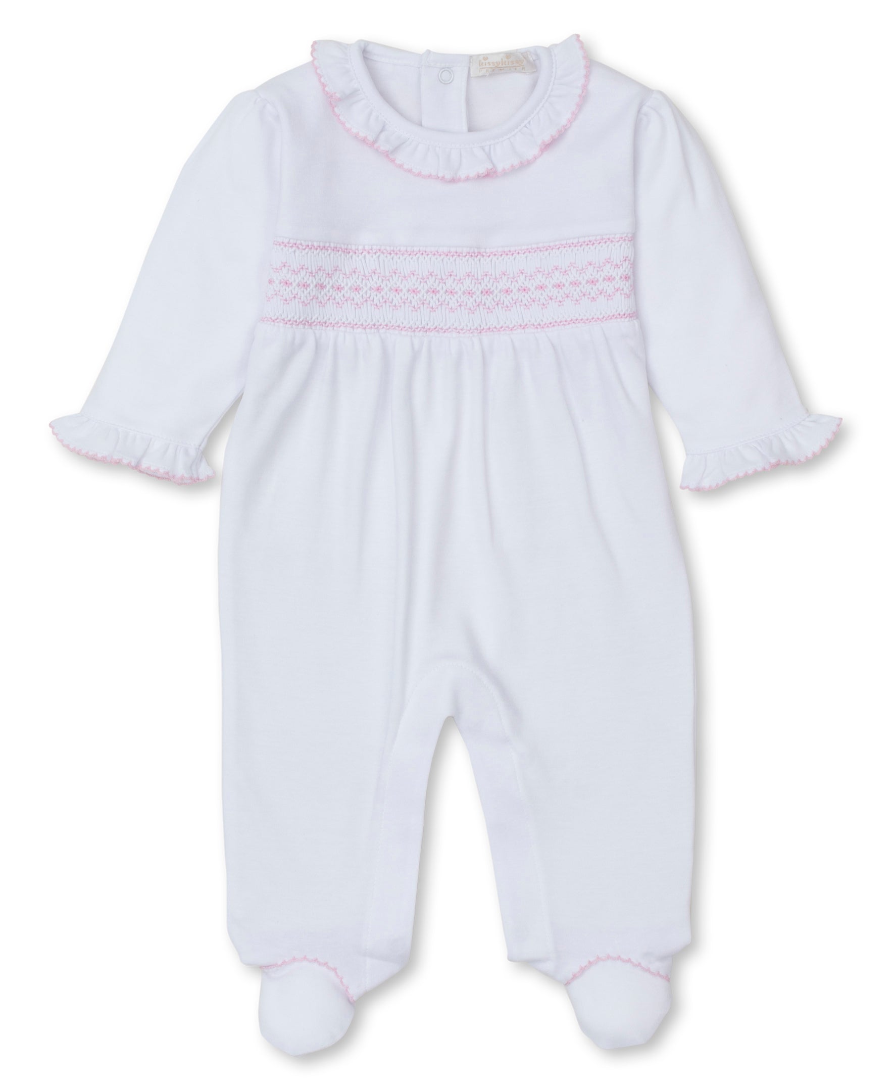 CLB Fall 24 White/Pink Hand Smocked Footie - Kissy Kissy