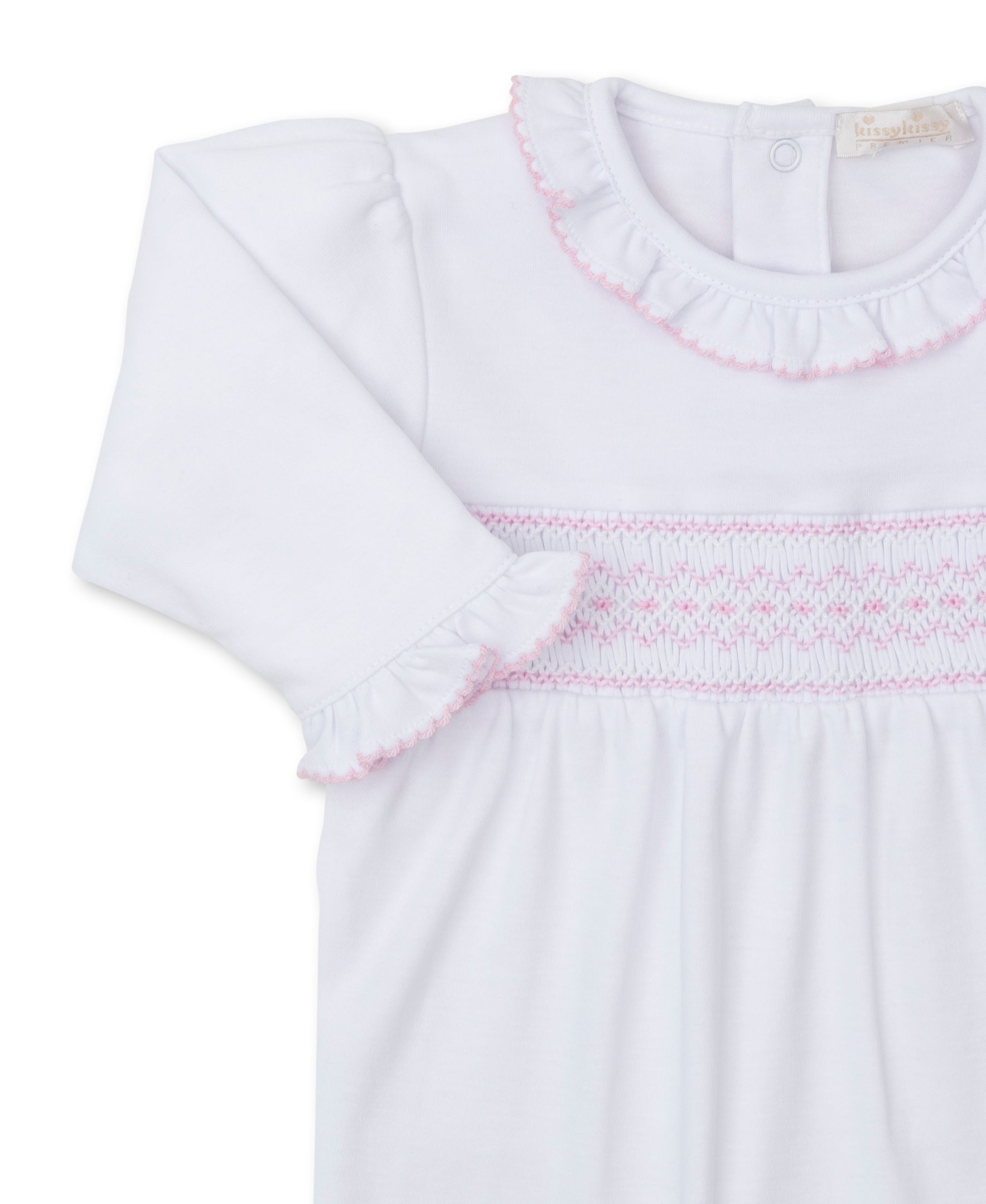 CLB Fall 24 White/Pink Hand Smocked Footie - Kissy Kissy