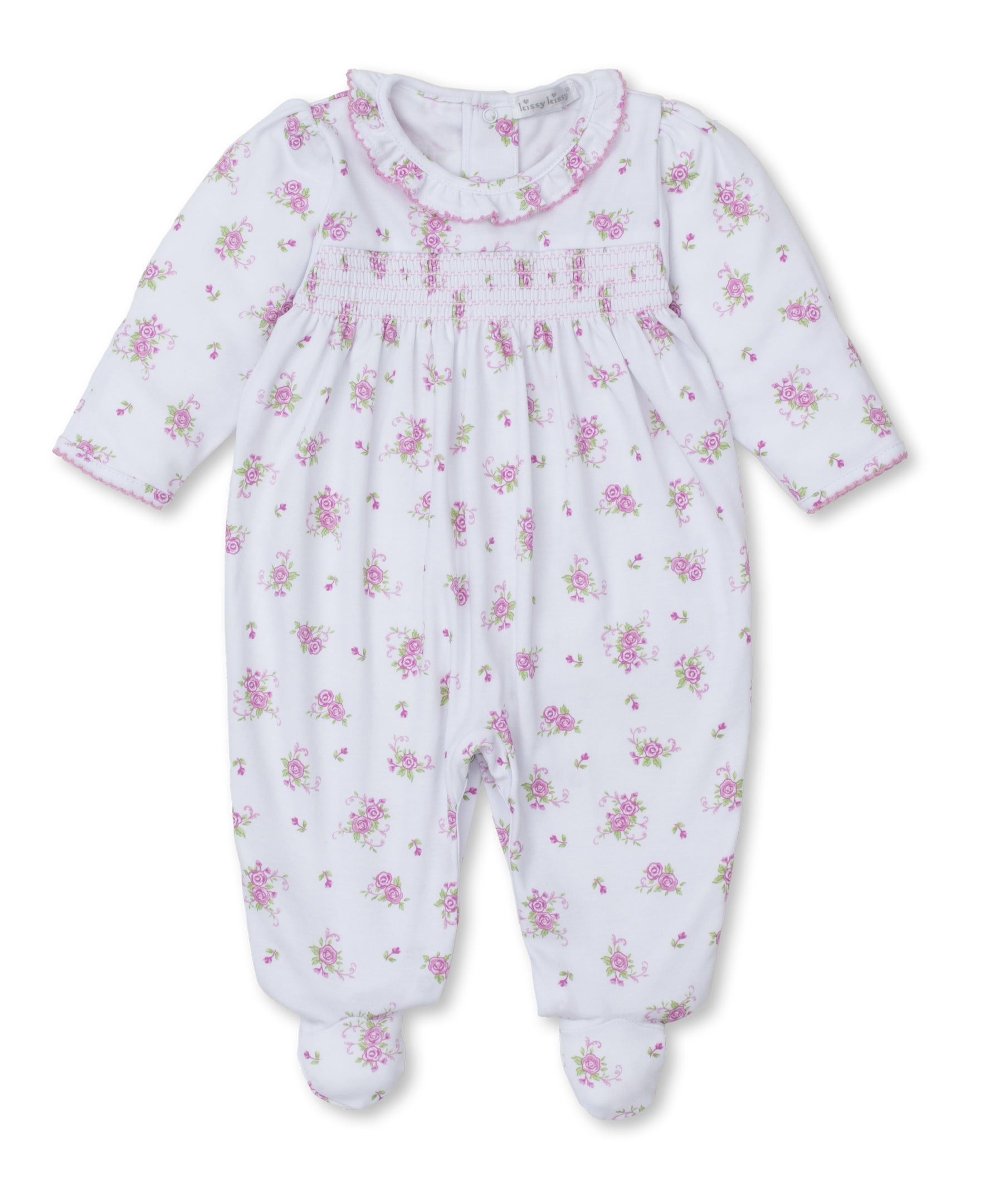 Pink Rose Scrolls White Smocked Footie - Kissy Kissy