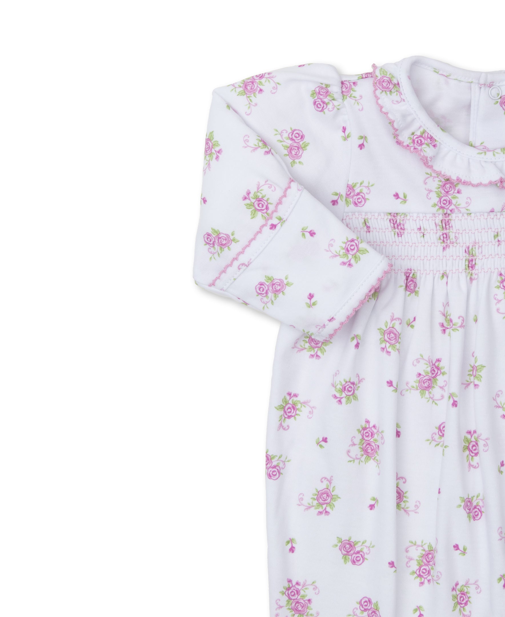 Pink Rose Scrolls White Smocked Footie - Kissy Kissy