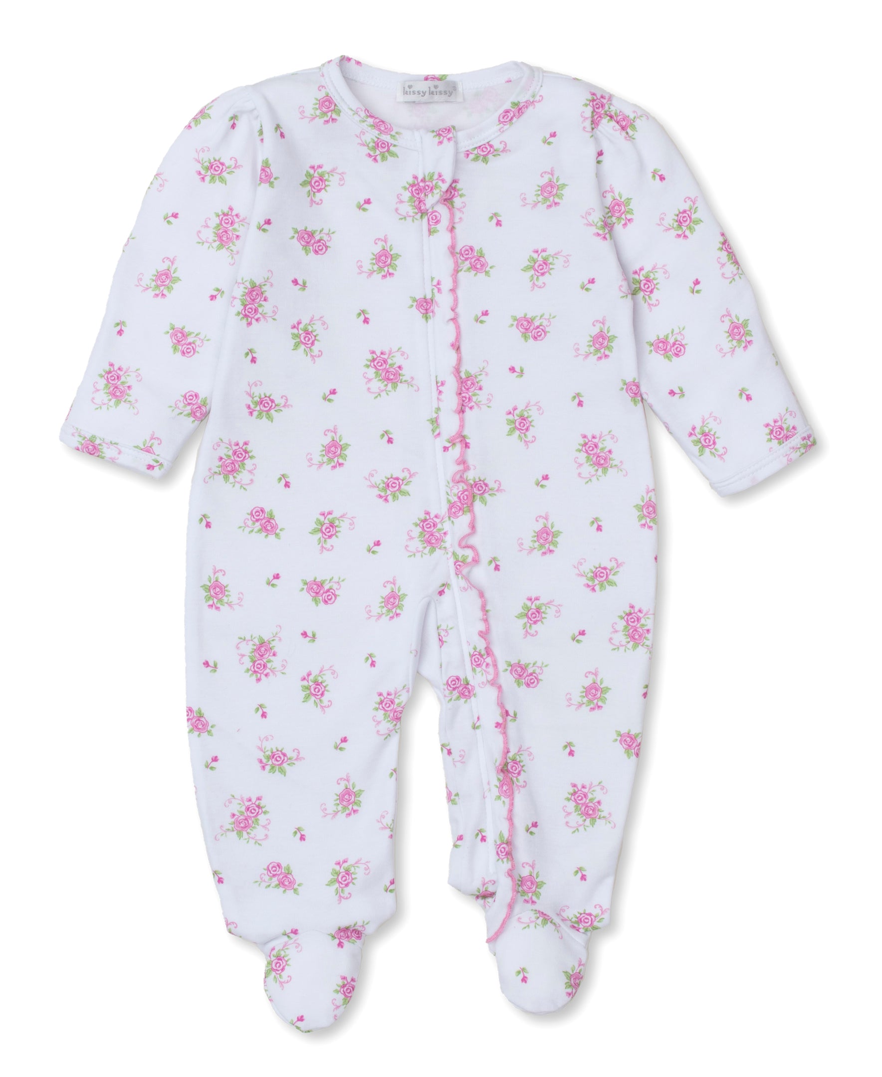 Pink Rose Scrolls White Zip Footie - Kissy Kissy