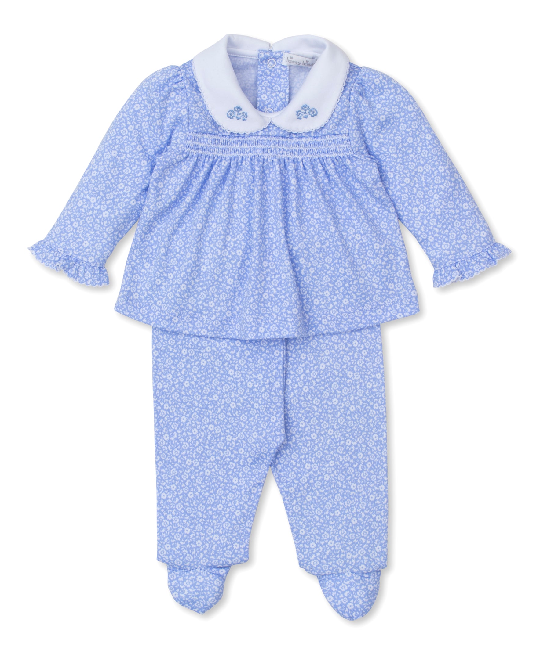 Fall Flower Patch Blue Smocked Footed Pant Set - Kissy Kissy