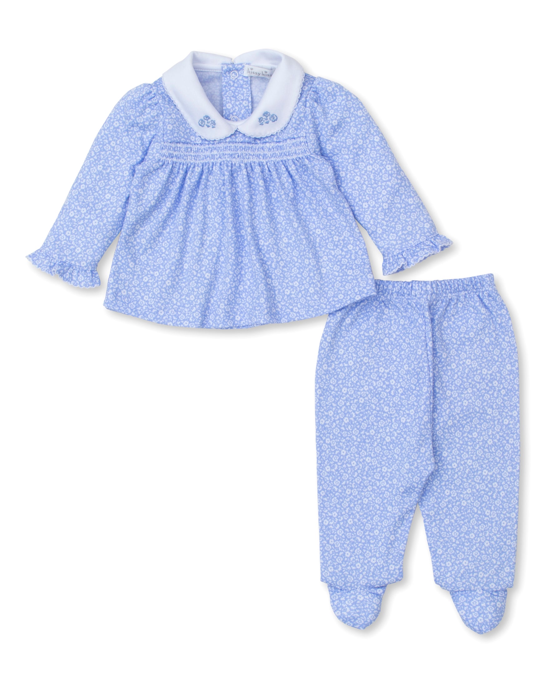 Fall Flower Patch Blue Smocked Footed Pant Set - Kissy Kissy