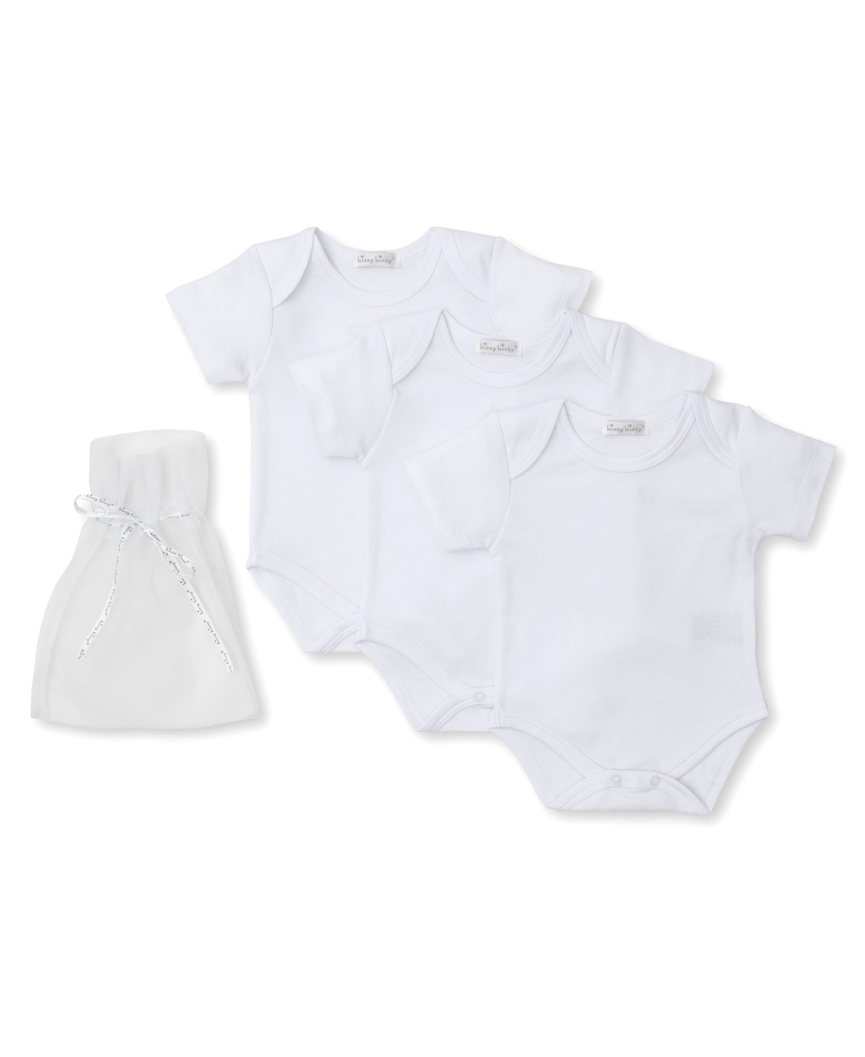 White 3 Pack S/S Bodysuit Set w/ Tulle Bag - Kissy Kissy