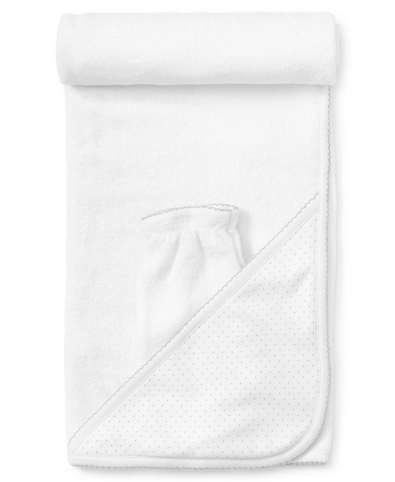 White/Silver New Kissy Dots Hooded Towel & Mitt Set - Kissy Kissy