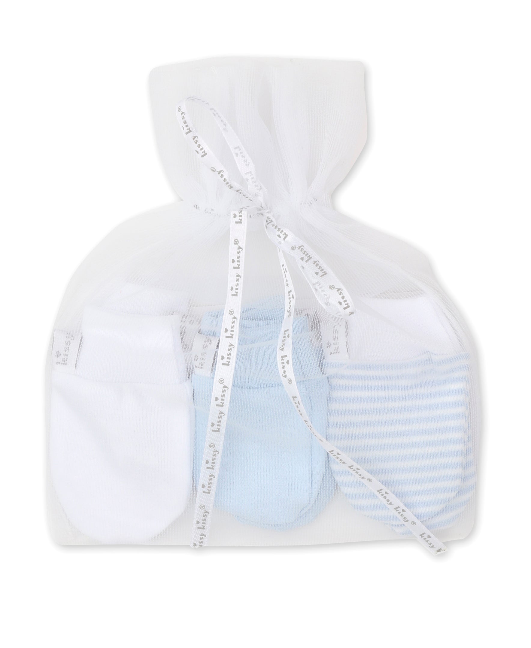 Simples Stripes 3 Pack Blue Mittens Set w/ Tulle Bag - Kissy Kissy