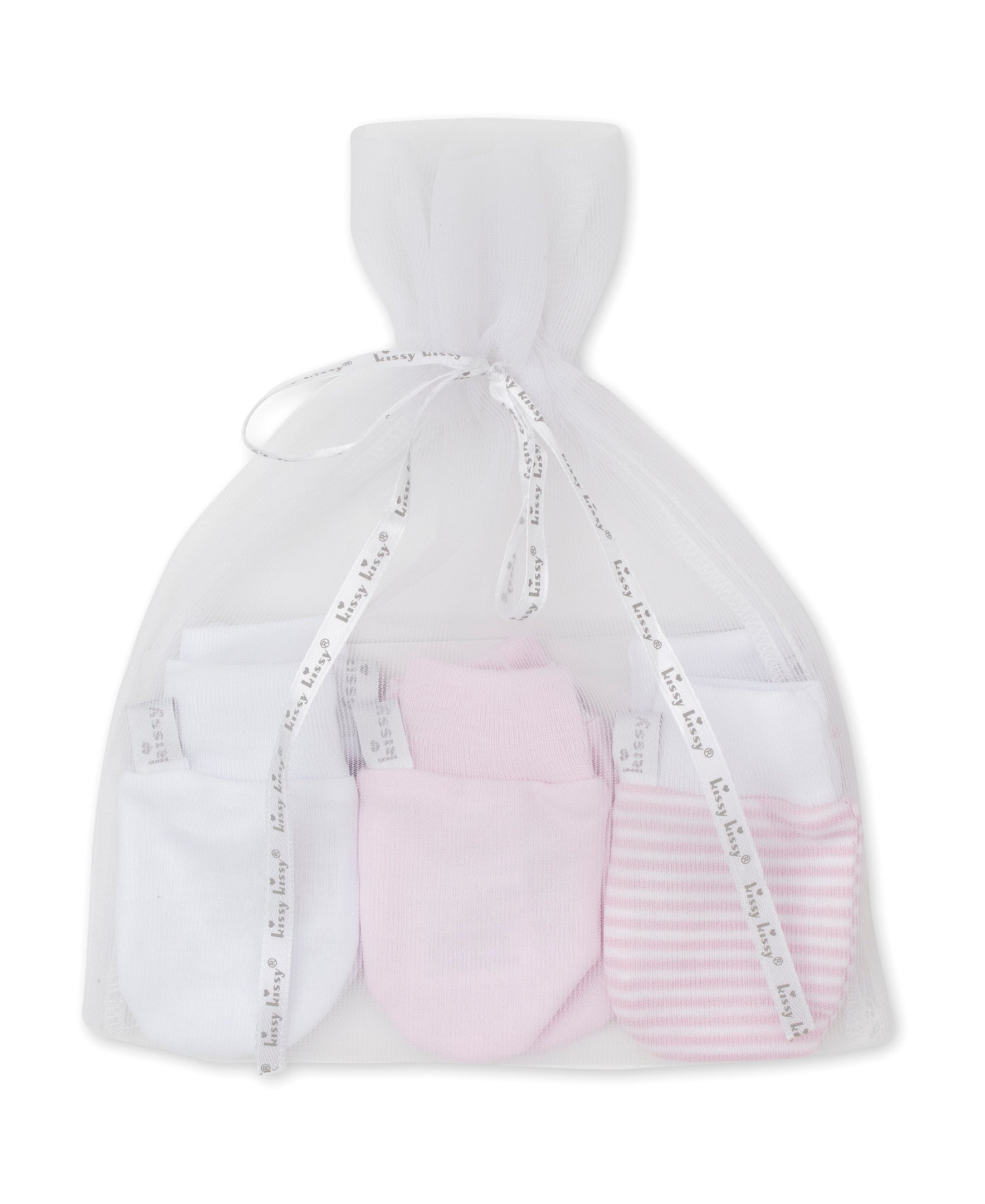 Simple Stripes 3 Pack Pink Mittens Set w/ Tulle Bag - Kissy Kissy